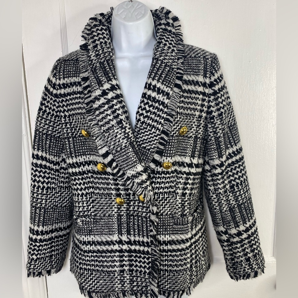Halogen Nordstrom Black and White Tweed Plaid Blazer Jacket W Gold Buttons